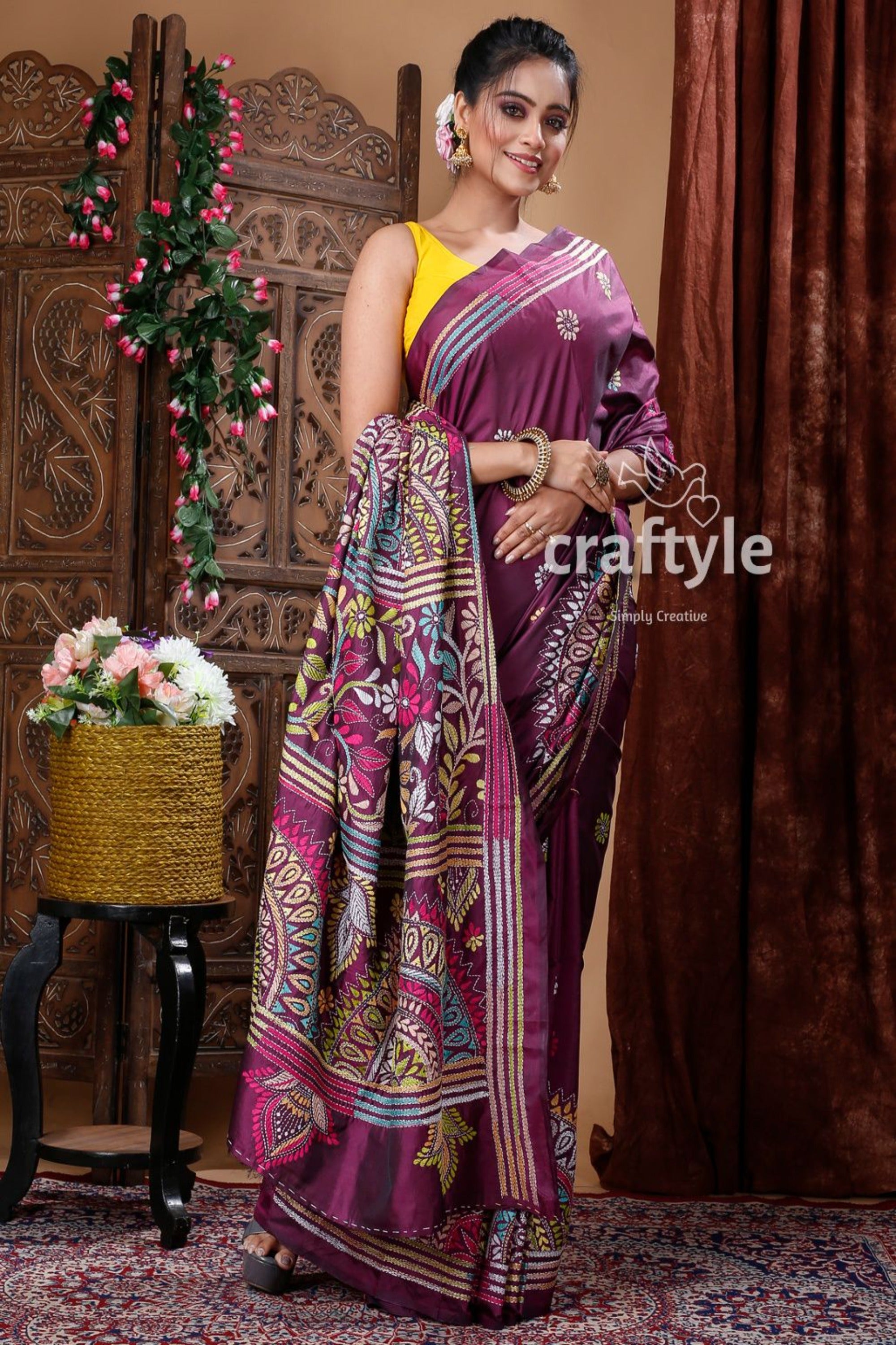 Mulberry Purple Kantha Stitched Blended Bangalore Silk Saree-Craftyle