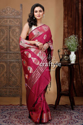 Mulberry zari work mangalgiri silk saree - elegant indian wedding attire maroon saree silver accents 4
