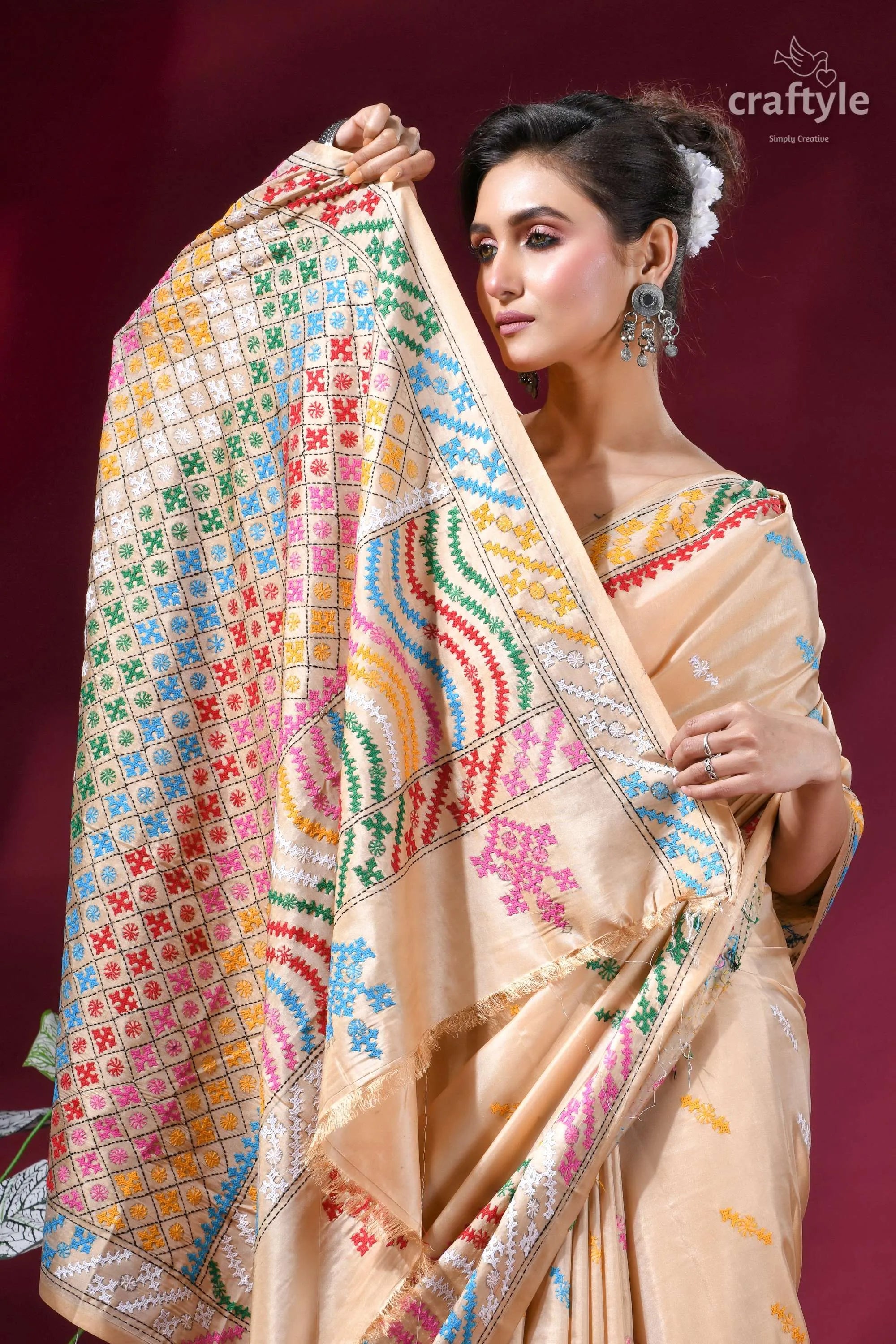 Multi-thread designer gujrati stitch silk saree in almond beige silk saree vibrant multicolored 2