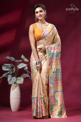 Multi-thread designer gujrati stitch silk saree in almond beige silk saree colorful geometric 6