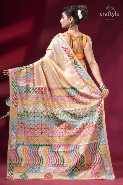 Multi-thread designer gujrati stitch silk saree in almond beige silk saree intricate multicolored 5