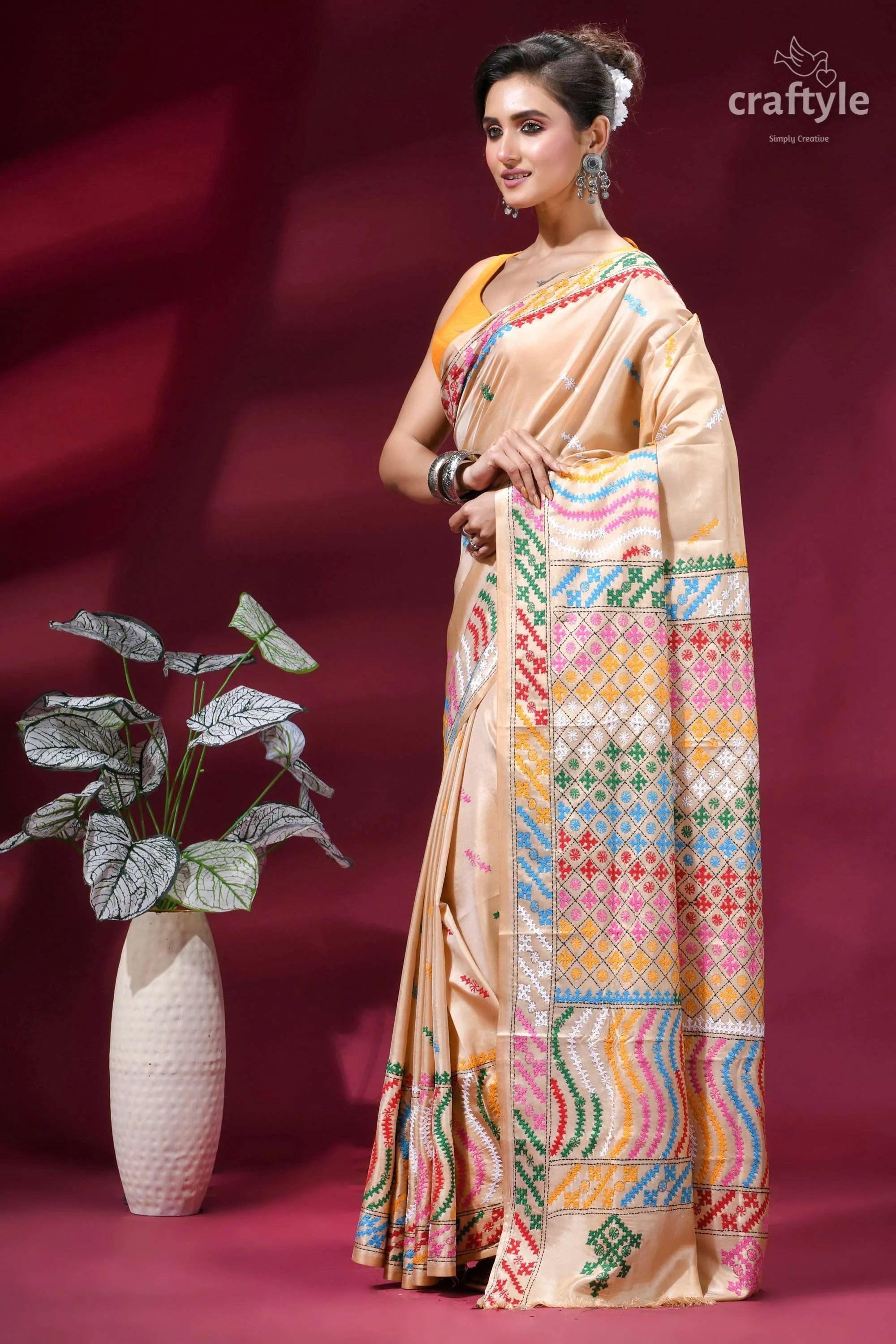 Multi-thread designer gujrati stitch silk saree in almond beige silk saree colorful geometric 3