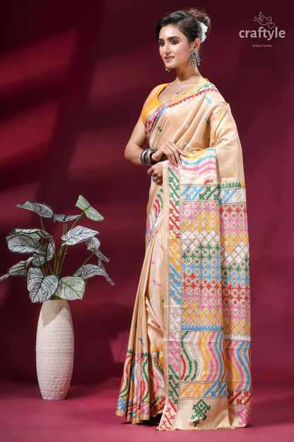 Multi-thread designer gujrati stitch silk saree in almond beige silk saree colorful geometric 3