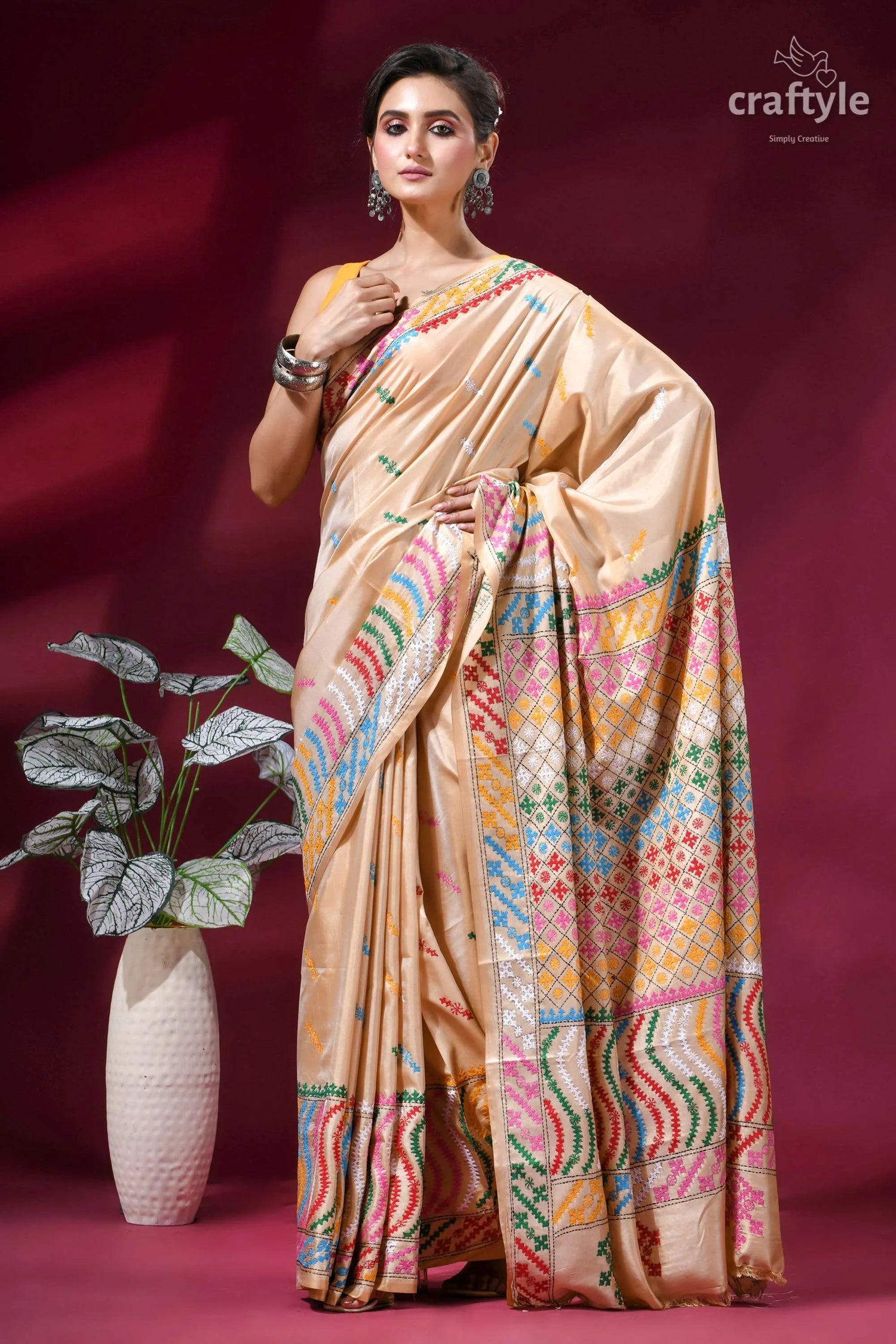Multi-thread designer gujrati stitch silk saree in almond beige silk saree intricate multicolored 4