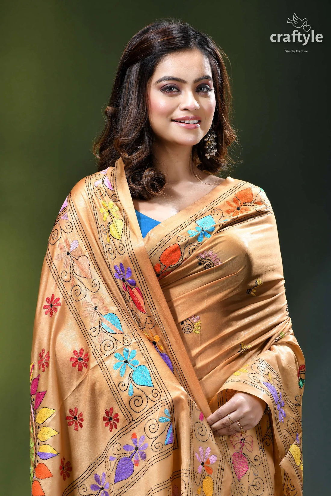 Multi-thread ethnic kantha embroidery silk saree in tan woman wears golden-brown silk saree 2