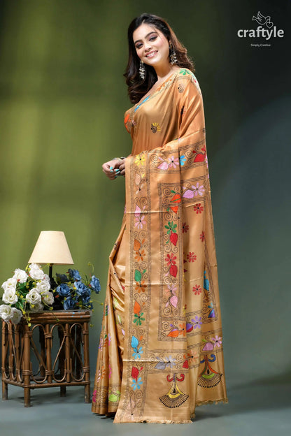 Multi-thread ethnic kantha embroidery silk saree in tan golden-brown silk saree adorned intricate 3