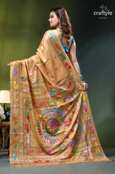Multi-thread ethnic kantha embroidery silk saree in tan golden silk saree adorned vibrant 5