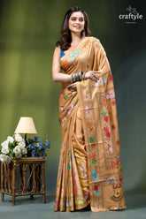 Multi-thread ethnic kantha embroidery silk saree in tan golden silk saree adorned intricate 6