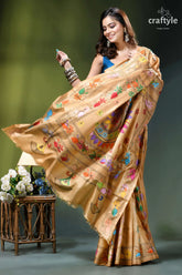 Multi-thread ethnic kantha embroidery silk saree in tan golden-brown silk saree adorned vibrant 4