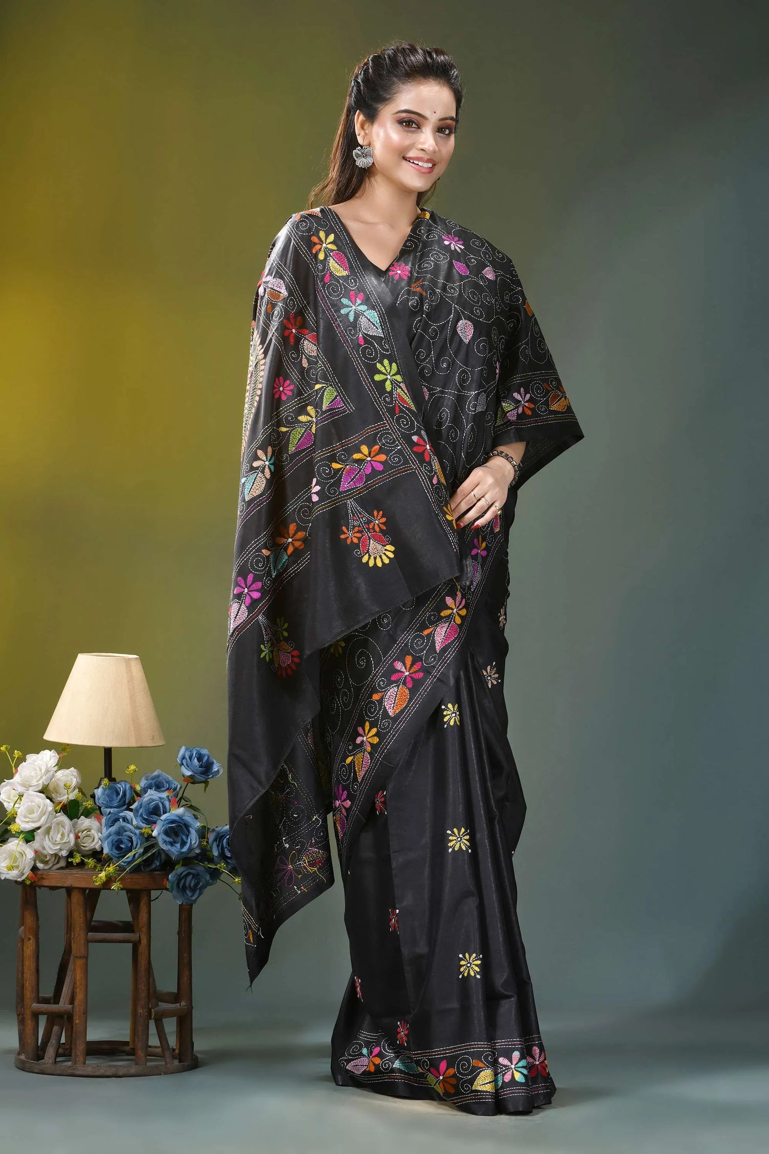 Multi-thread fish design kantha silk saree in black black saree vibrant floral embroidery 5