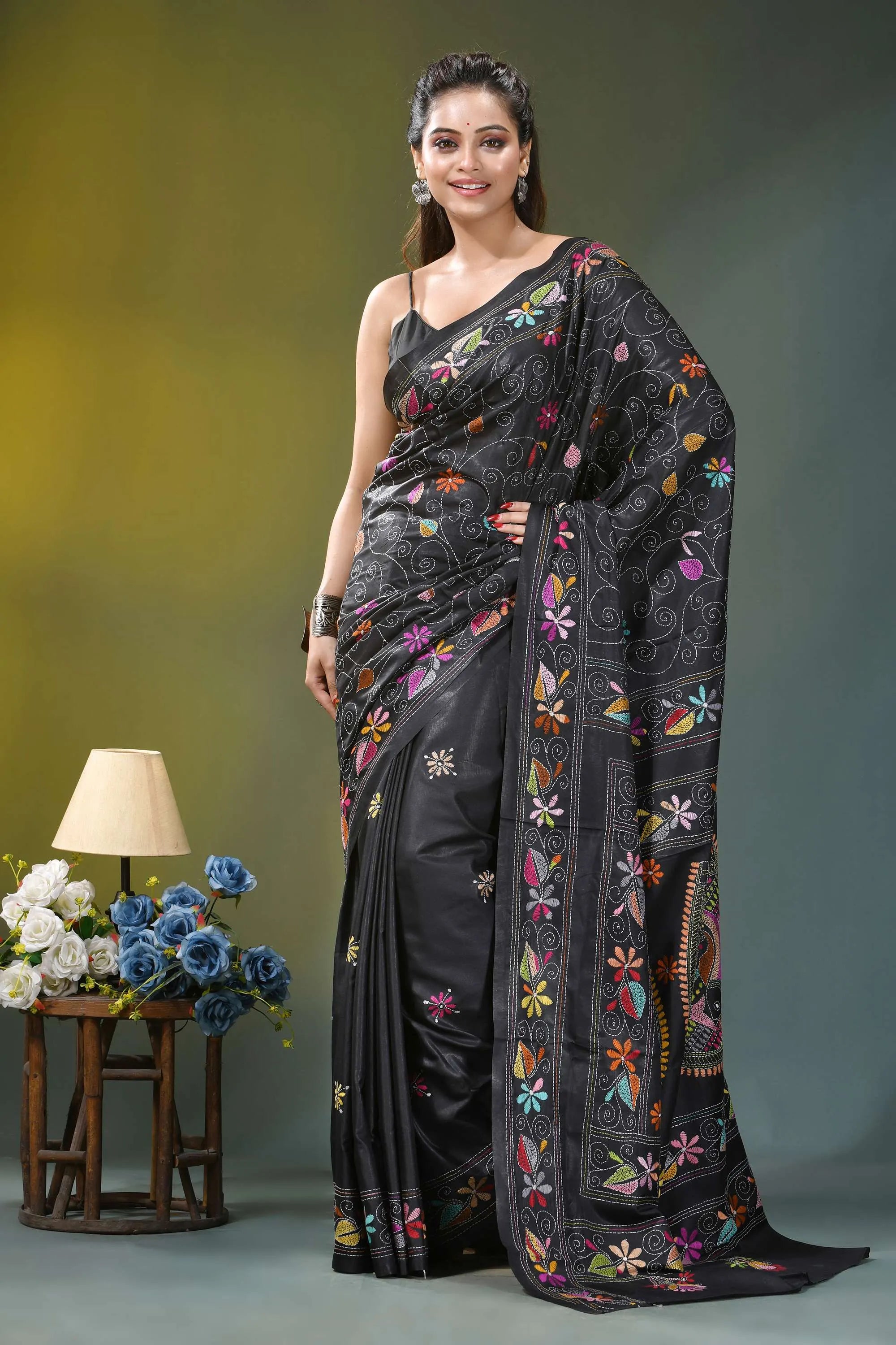 Multi-thread fish design kantha silk saree in black black silk saree adorned vibrant 6