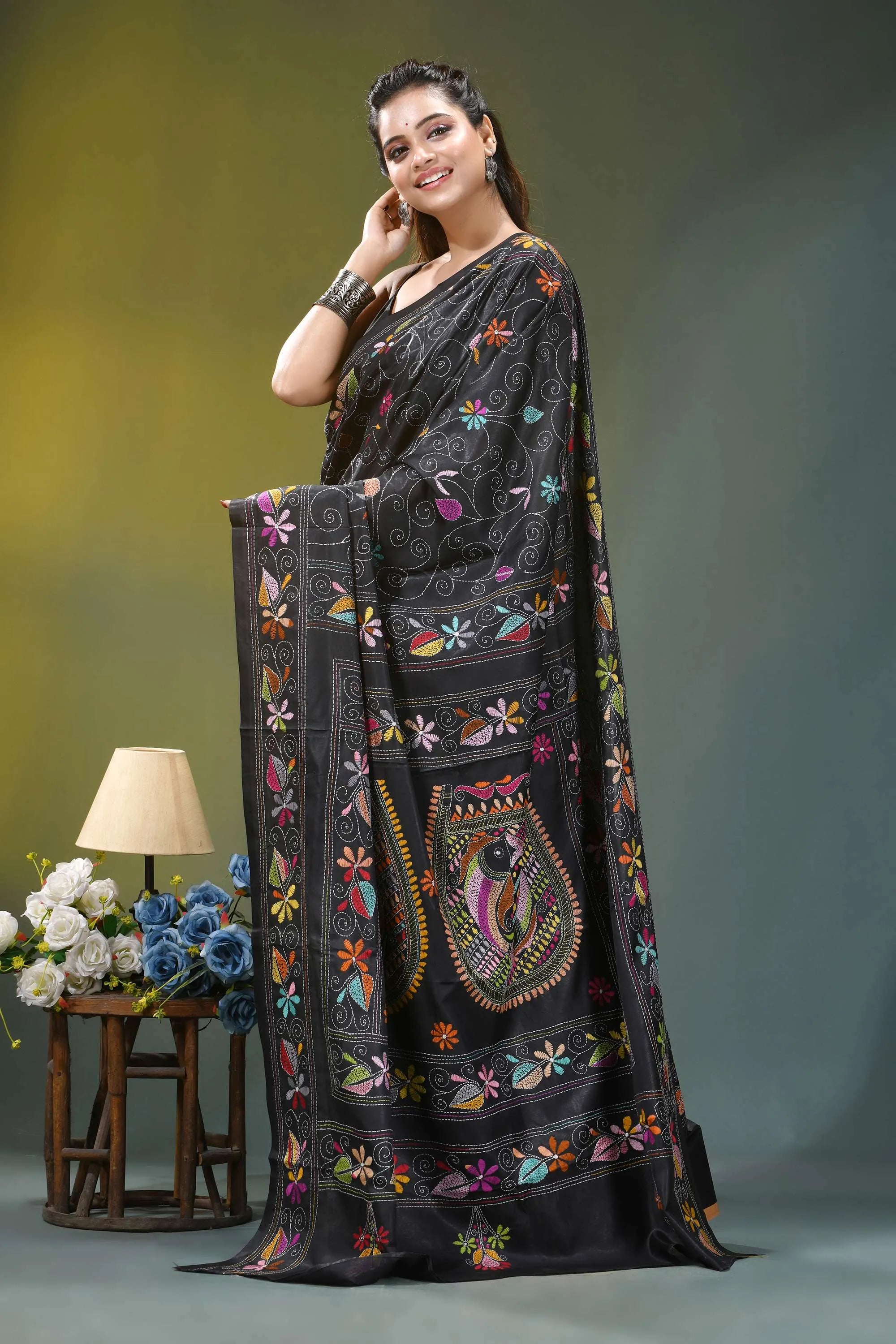 Multi-thread fish design kantha silk saree in black black silk saree intricate multicolored 3