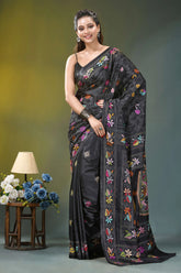 Multi-thread fish design kantha silk saree in black black silk saree intricate multicolored 1