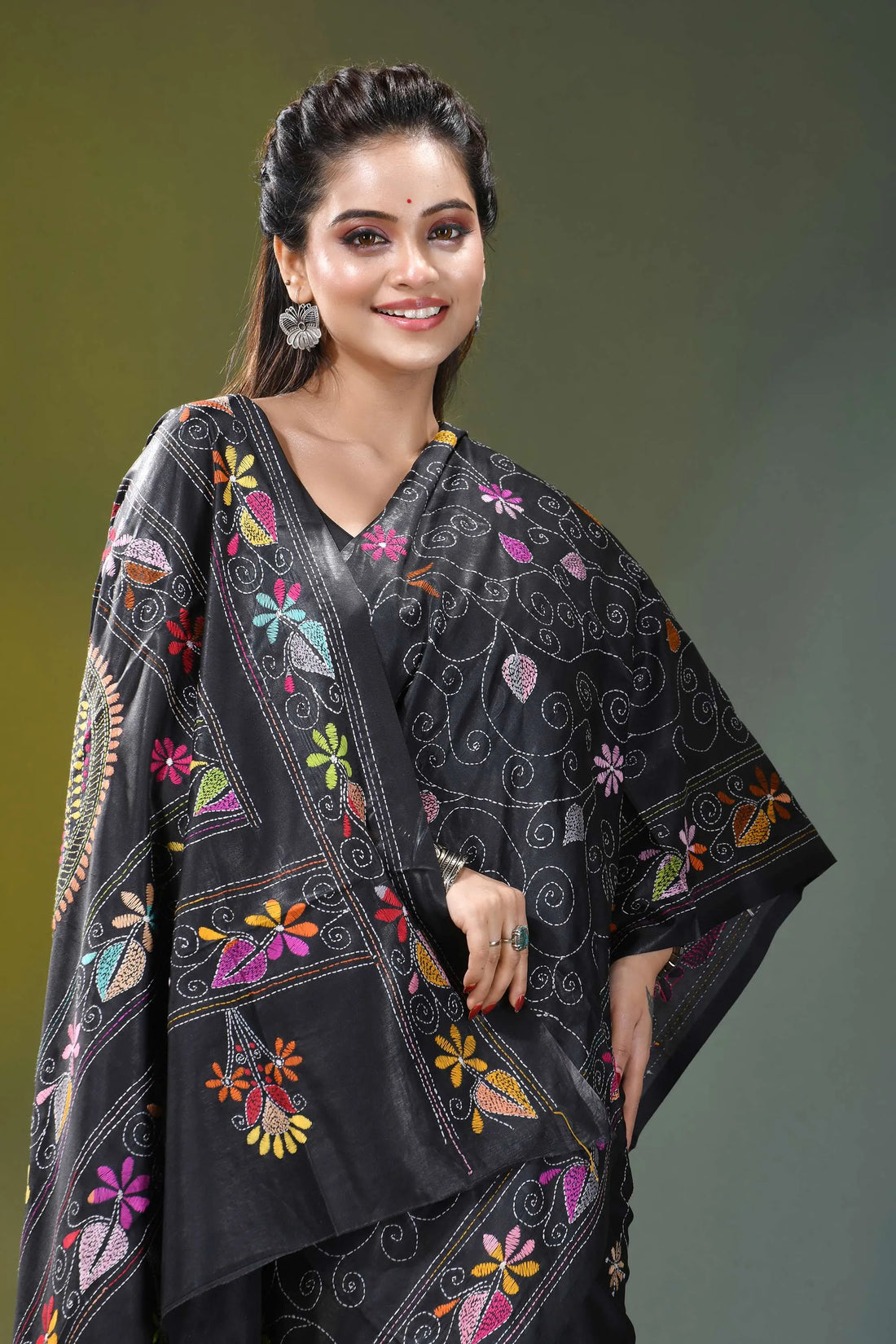 Multi-thread fish design kantha silk saree in black black embroidered kaftan colorful floral 2