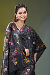 Multi-thread fish design kantha silk saree in black black embroidered kaftan colorful floral 2