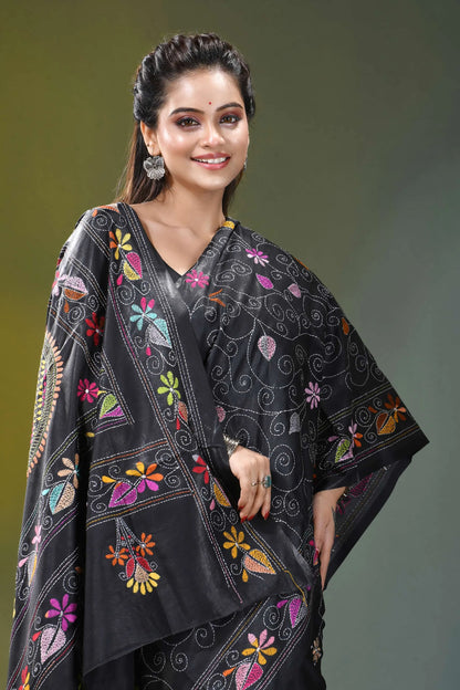 Multi-thread fish design kantha silk saree in black black embroidered kaftan colorful floral 2