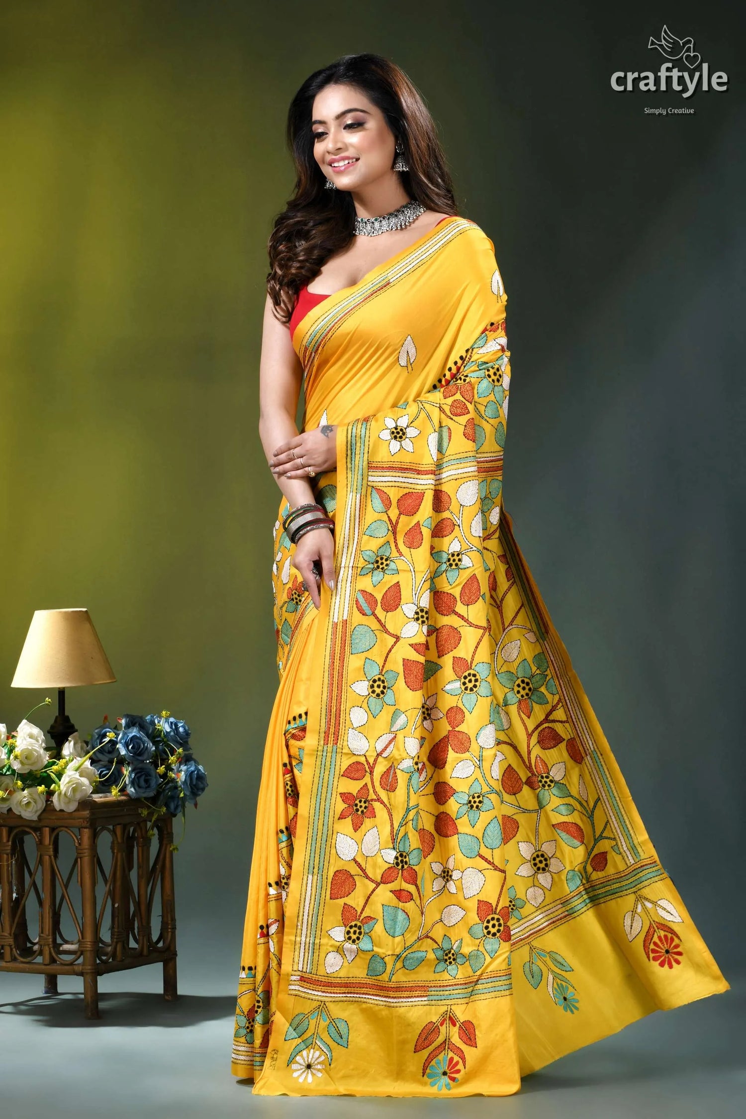 Multi-thread floral design kantha silk saree in marigold yellow vibrant yellow saree intricate floral 4