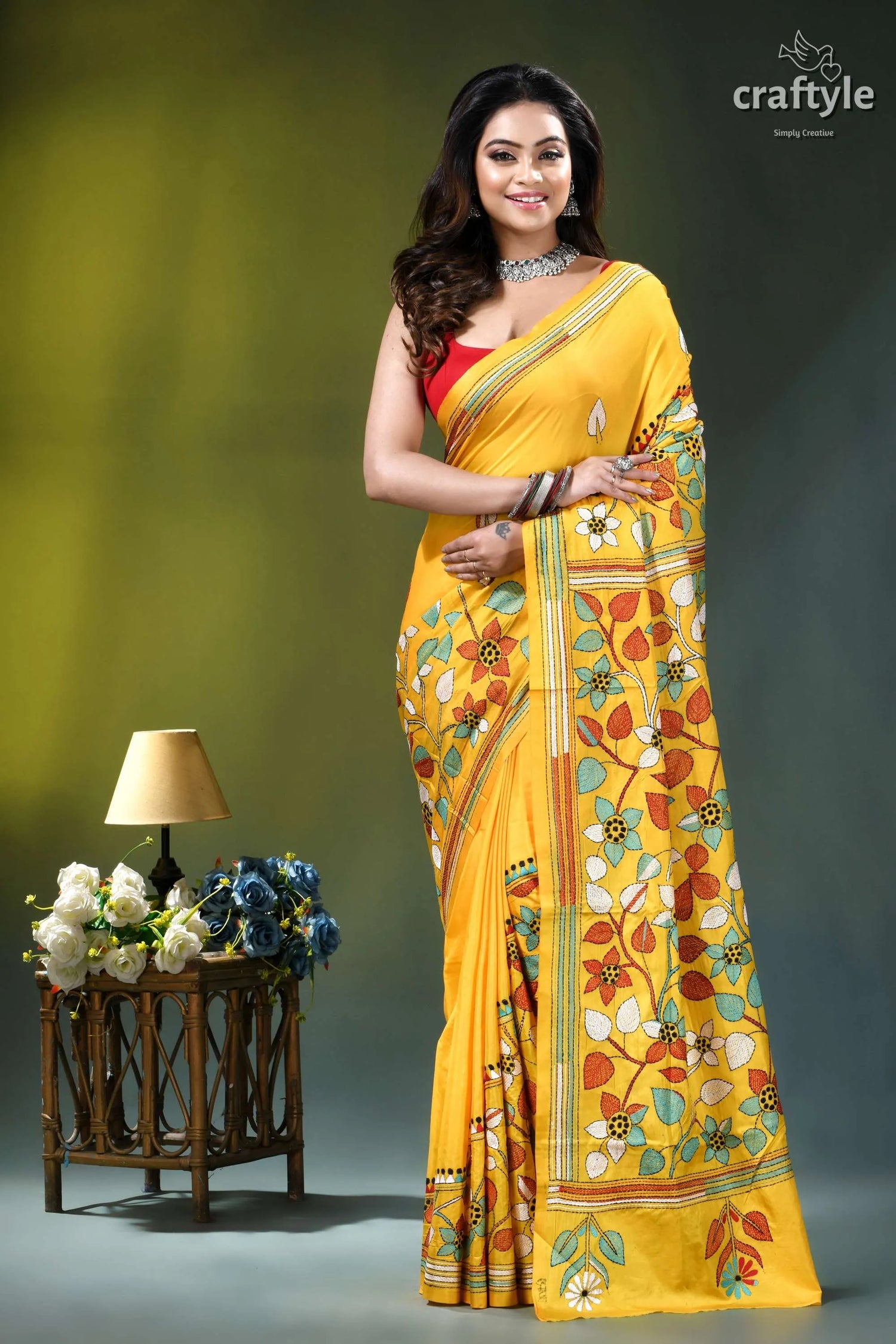 Multi-thread floral design kantha silk saree in marigold yellow vibrant yellow saree adorned intricate 1