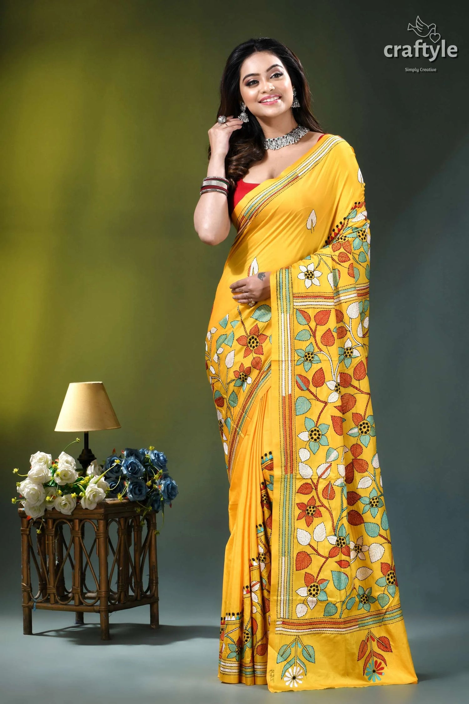 Multi-thread floral design kantha silk saree in marigold yellow vibrant yellow saree intricate floral 3