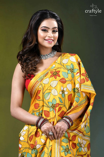 Multi-thread floral design kantha silk saree in marigold yellow vibrant yellow saree intricate floral 2