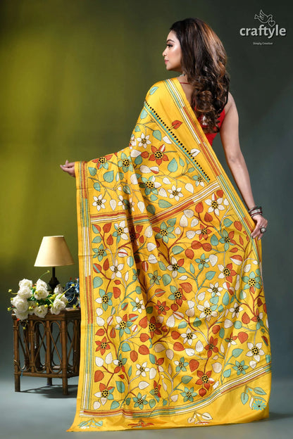 Multi-thread floral design kantha silk saree in marigold yellow vibrant yellow saree adorned intricate 5