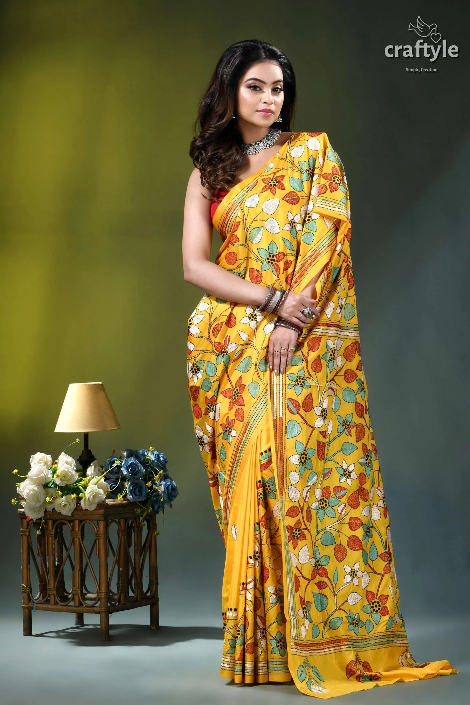 Multi-thread floral design kantha silk saree in marigold yellow vibrant yellow saree adorned intricate 6