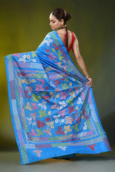 Multi-thread floral design kantha stitch silk saree in sky blue 6