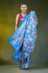Multi-thread floral design kantha stitch silk saree in sky blue 5