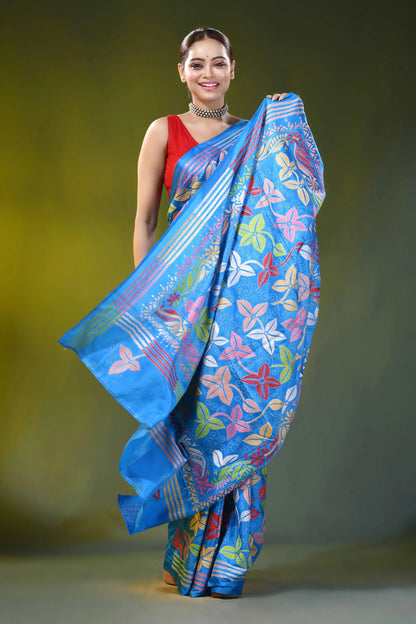 Multi-thread floral design kantha stitch silk saree in sky blue 5