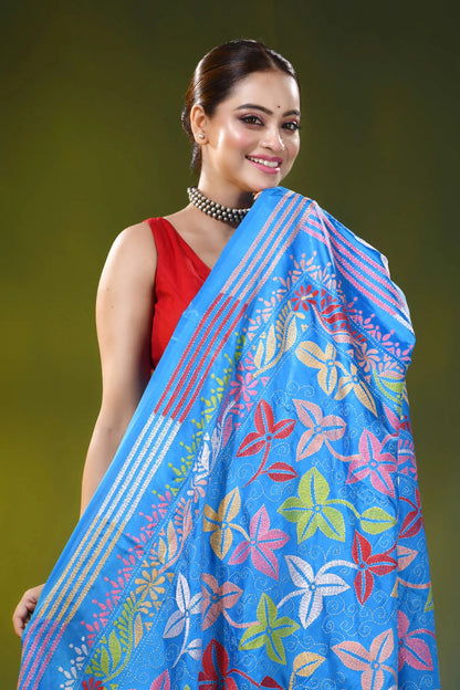 Multi-thread floral design kantha stitch silk saree in sky blue 2