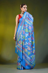 Multi-thread floral design kantha stitch silk saree in sky blue 7