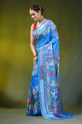 Multi-thread floral design kantha stitch silk saree in sky blue 3