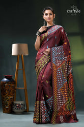 Multi-thread gujrati stitch copper rust silk saree with mirror work maroon saree intricate batik design 6