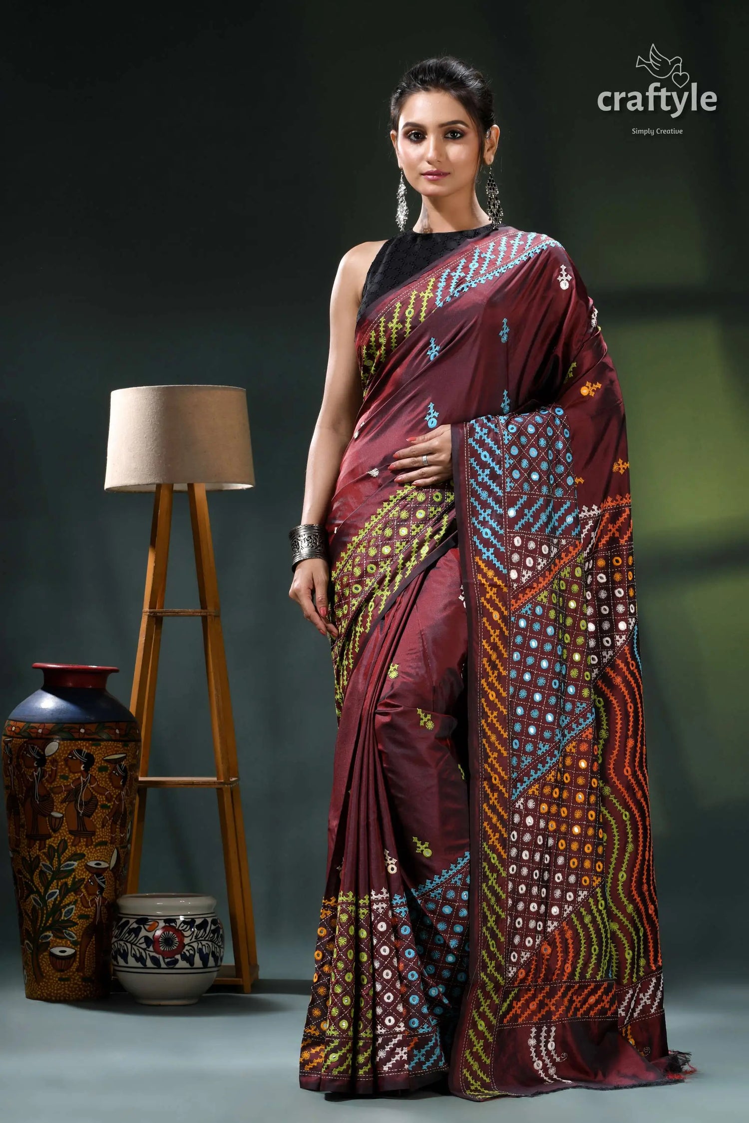 Multi-thread gujrati stitch copper rust silk saree with mirror work maroon saree intricate batik design 1