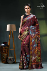 Multi-thread gujrati stitch copper rust silk saree with mirror work maroon saree intricate batik design 1