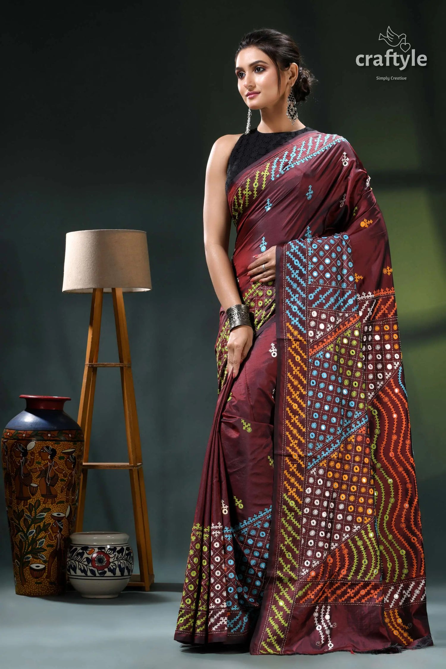 Multi-thread gujrati stitch copper rust silk saree with mirror work maroon saree intricate blue white 3