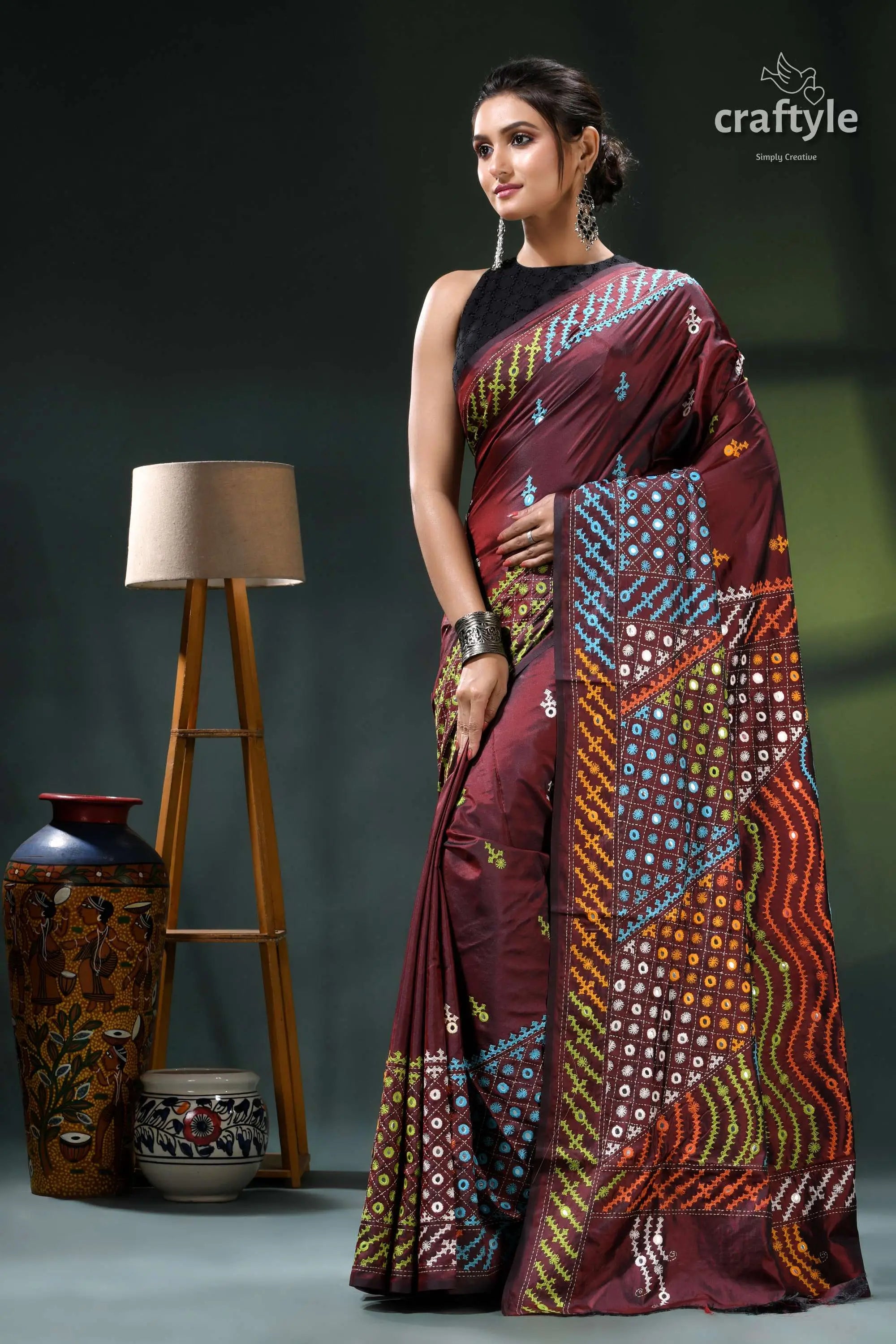 Multi-thread gujrati stitch copper rust silk saree with mirror work maroon saree intricate blue white 3