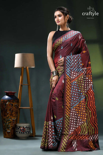 Multi-thread gujrati stitch copper rust silk saree with mirror work maroon saree intricate blue white 3