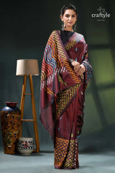 Multi-thread gujrati stitch copper rust silk saree with mirror work maroon black saree intricate gold 4