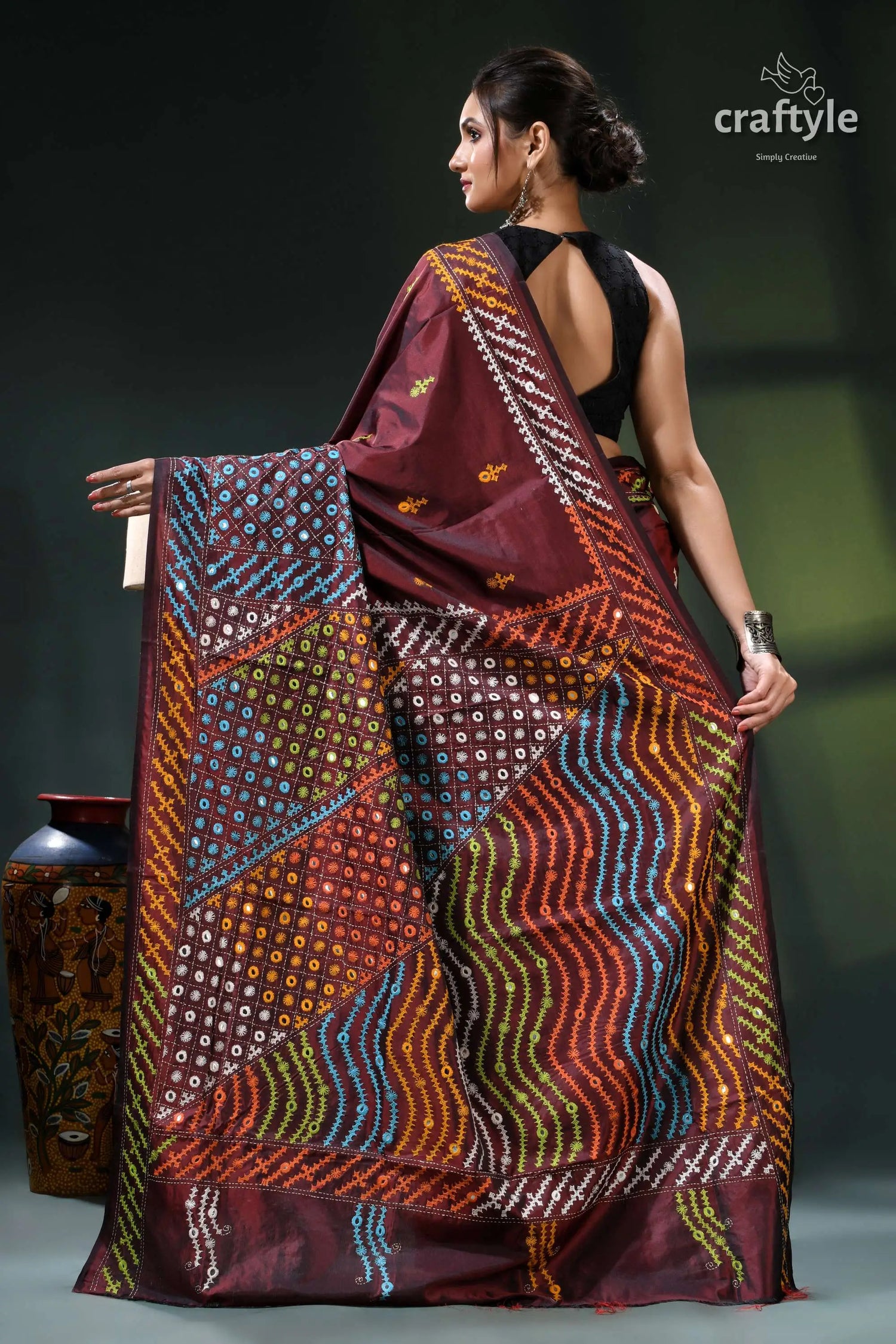 Multi-thread gujrati stitch copper rust silk saree with mirror work maroon orange batik saree intricate 5