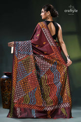 Multi-thread gujrati stitch copper rust silk saree with mirror work maroon orange batik saree intricate 5