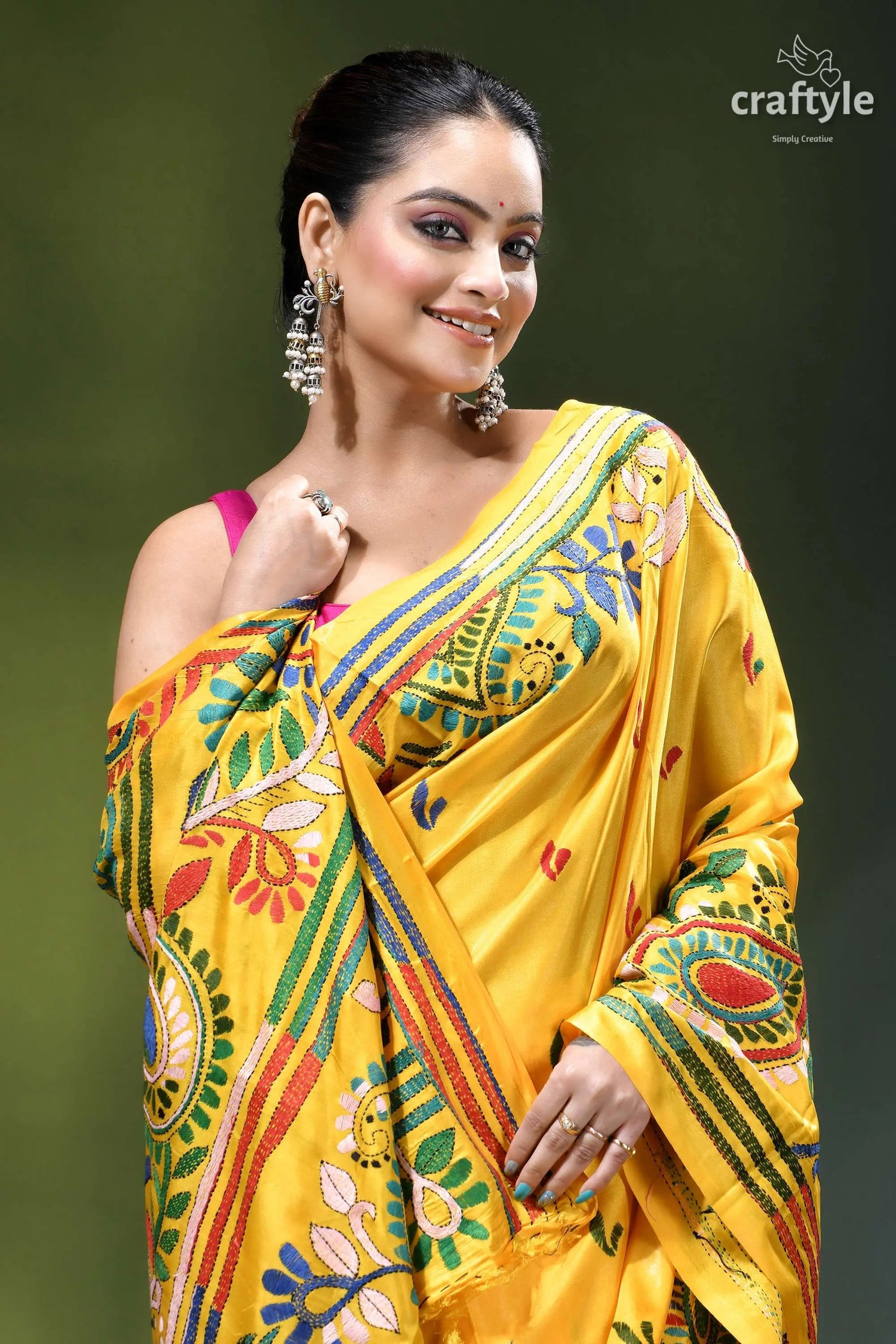 Multi-thread hand embroidered corn yellow kantha silk saree vibrant yellow saree intricate multicolored 2