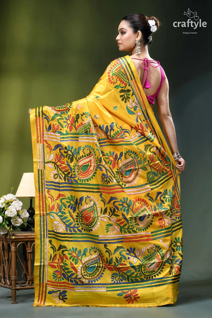 Multi-thread hand embroidered corn yellow kantha silk saree vibrant yellow silk saree adorned 5