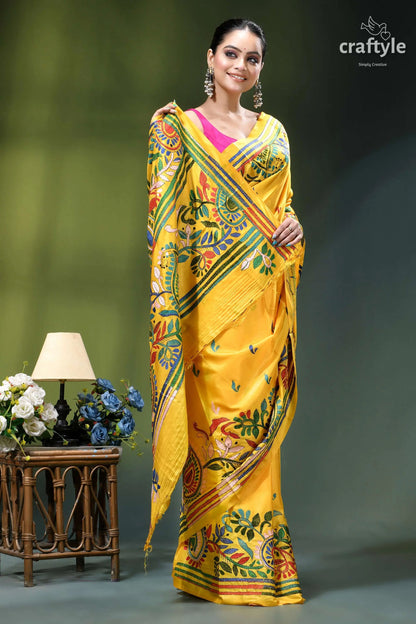 Multi-thread hand embroidered corn yellow kantha silk saree vibrant yellow silk saree adorned 4