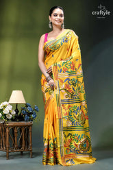 Multi-thread hand embroidered corn yellow kantha silk saree vibrant yellow saree intricate floral 6