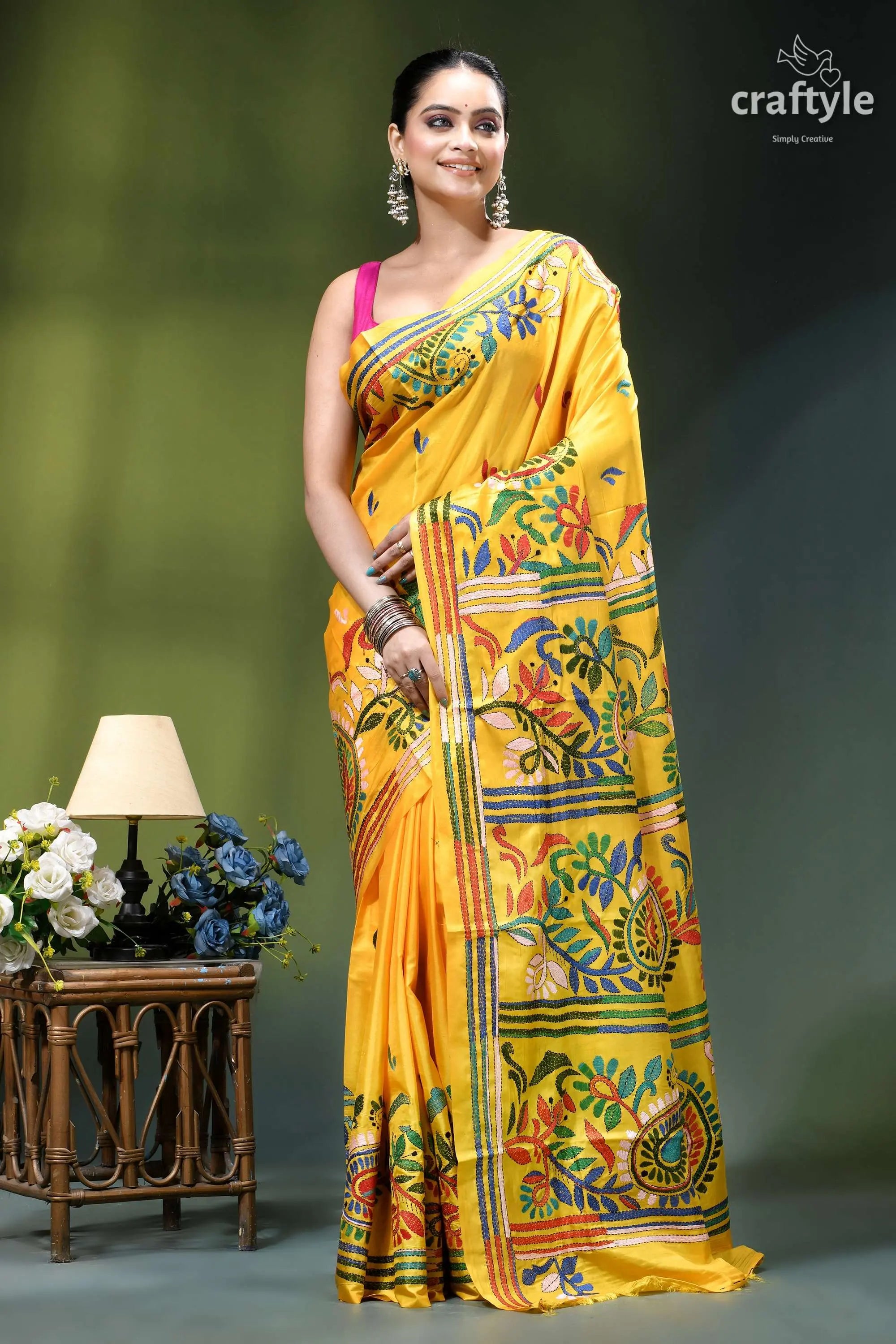 Multi-thread hand embroidered corn yellow kantha silk saree vibrant yellow saree intricate floral 6
