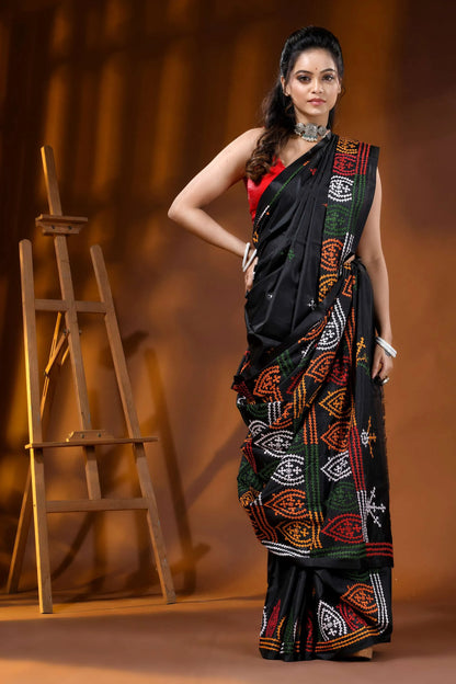 Multi-thread hand embroidered pitch black silk kutch embroidery saree 4