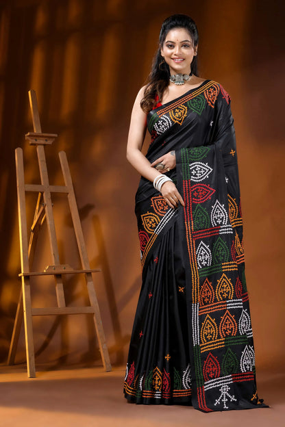 Multi-thread hand embroidered pitch black silk kutch embroidery saree 7