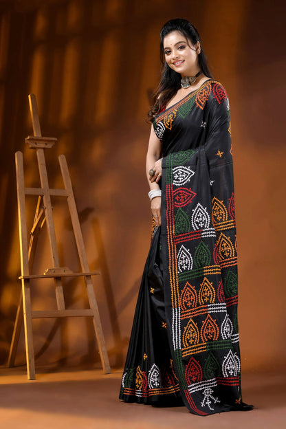 Multi-thread hand embroidered pitch black silk kutch embroidery saree 3