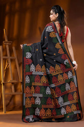 Multi-thread hand embroidered pitch black silk kutch embroidery saree 5